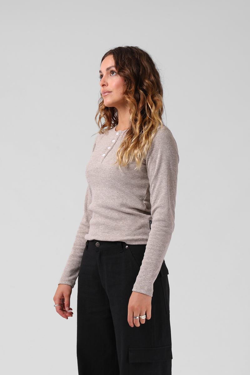 Ribbed L/S Henley - Taupe Marl