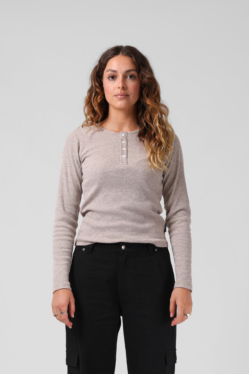 Ribbed L/S Henley - Taupe Marl