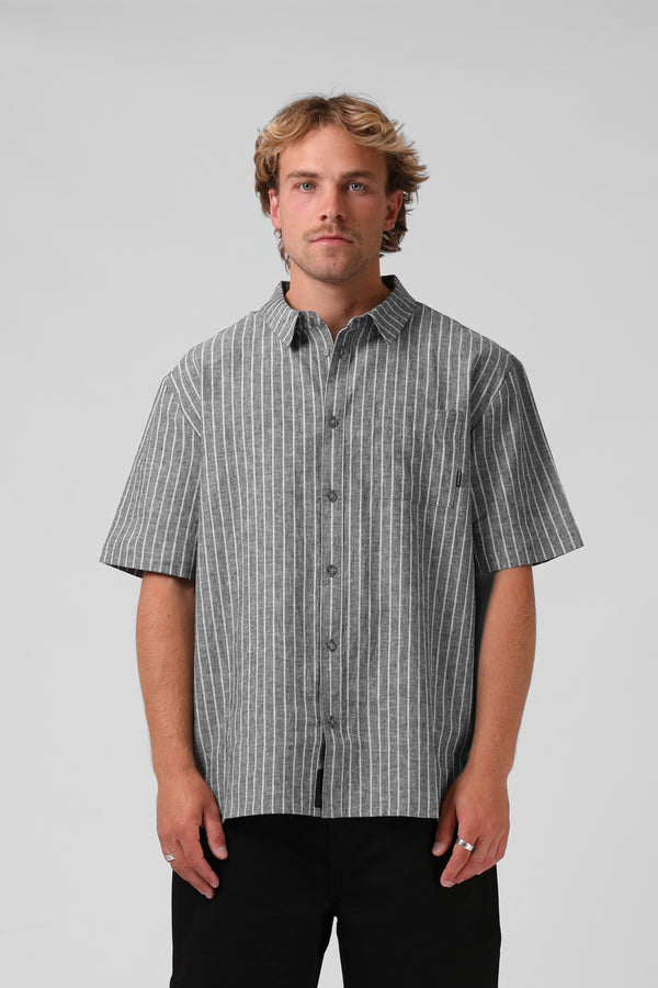 Linen Stripe SS Shirt - Black Stripe