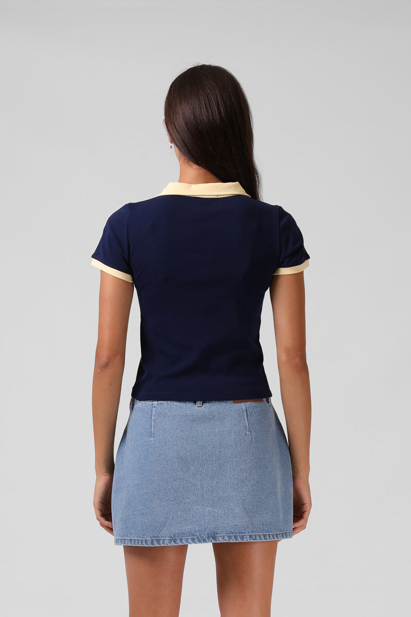 V Neck Polo Tee - Navy/Yellow