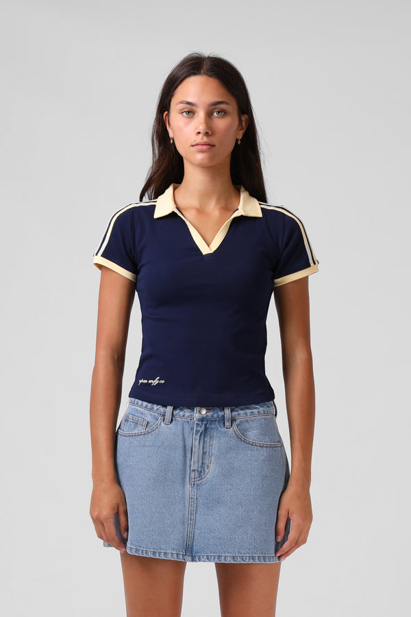 V Neck Polo Tee - Navy/Yellow