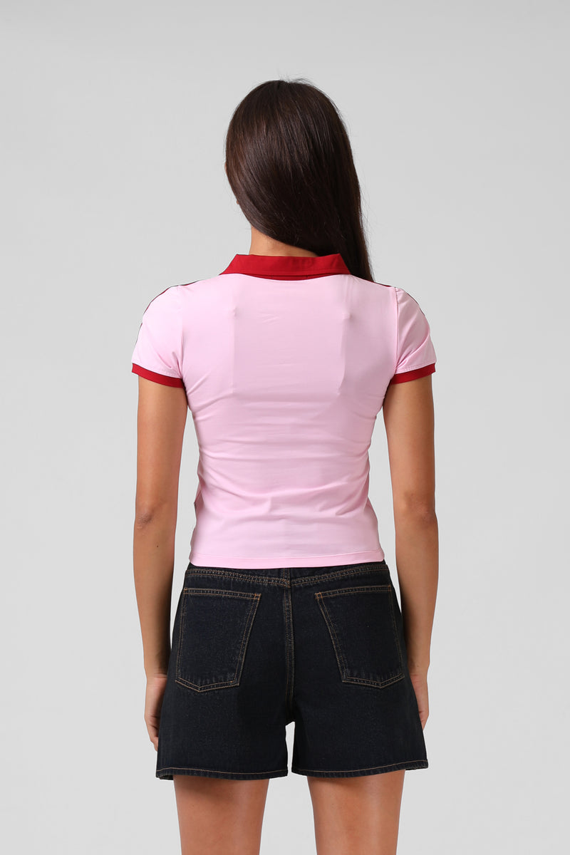 V Neck Polo Tee - Pink/Red
