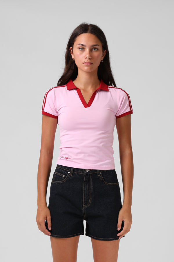V Neck Polo Tee - Pink/Red