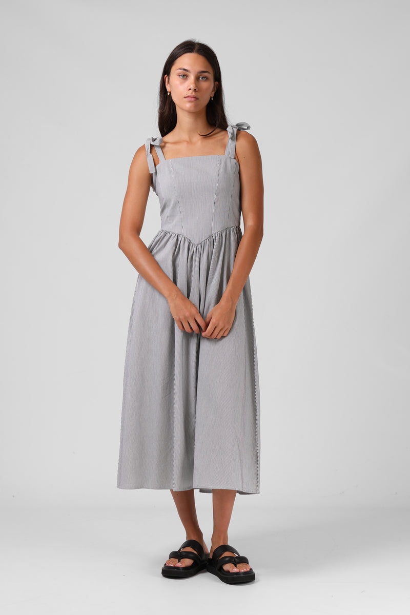 Sofia Midi Dress - B/W Pinstripe