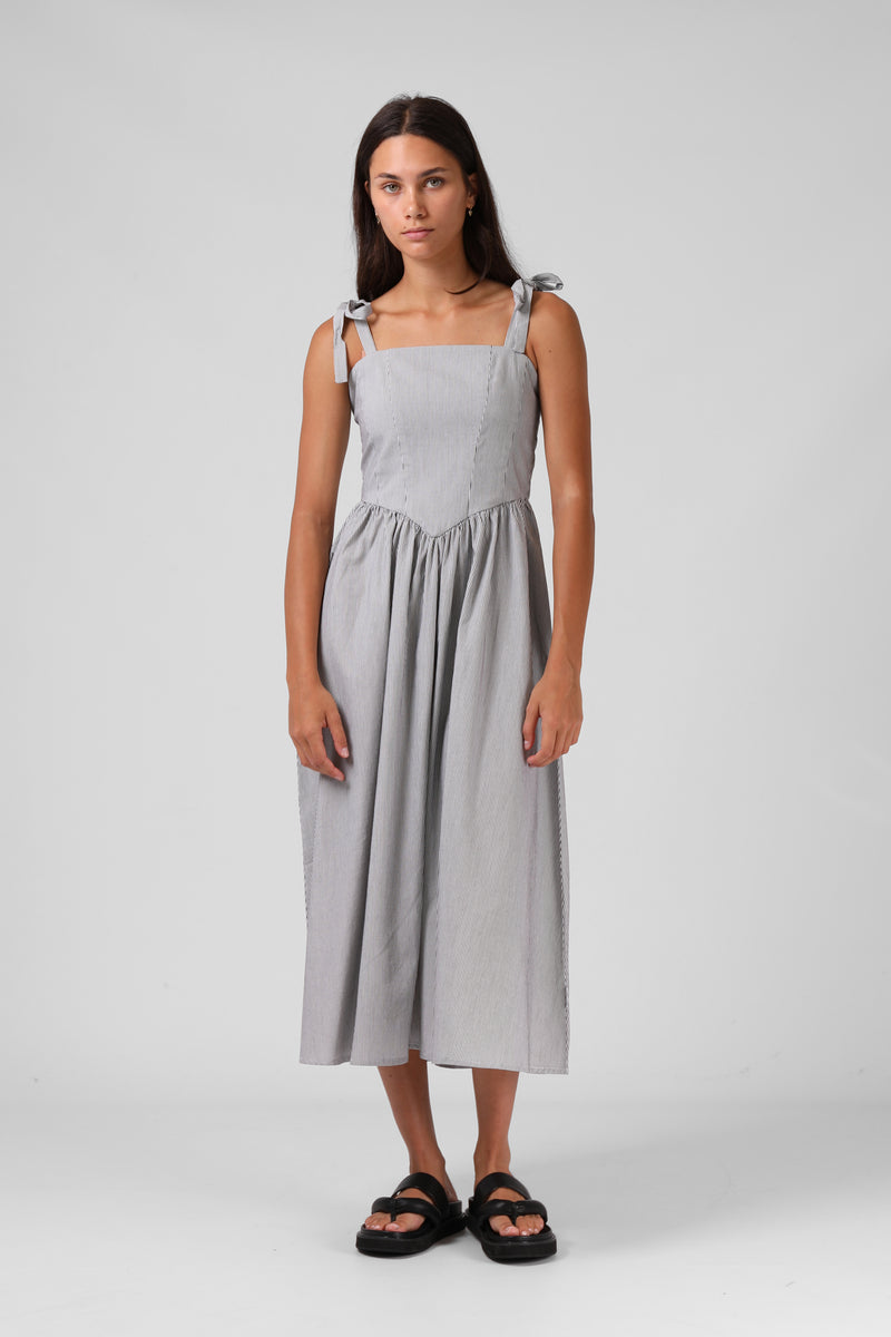 Sofia Midi Dress - B/W Pinstripe