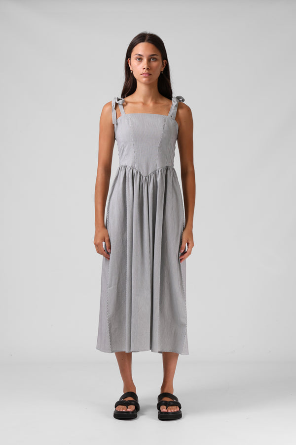 Sofia Midi Dress - B/W Pinstripe