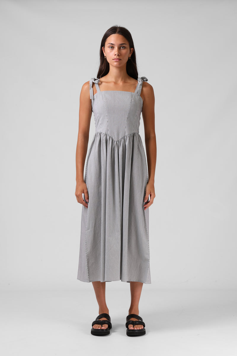 Sofia Midi Dress - B/W Pinstripe