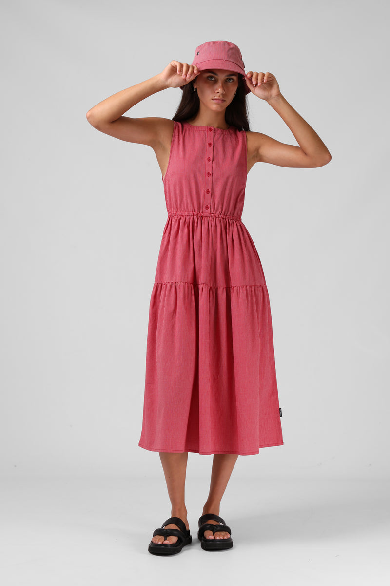 Smock Midi Dress - Red Pinstripe