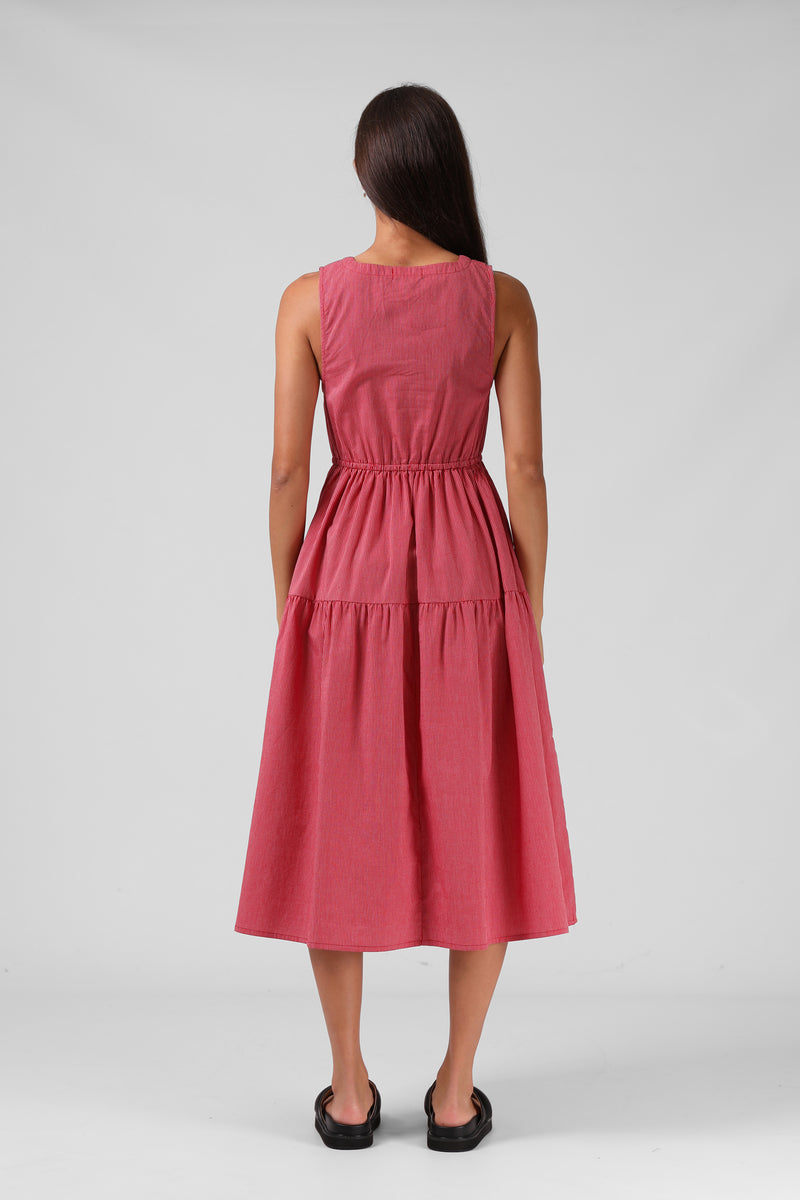 Smock Midi Dress - Red Pinstripe